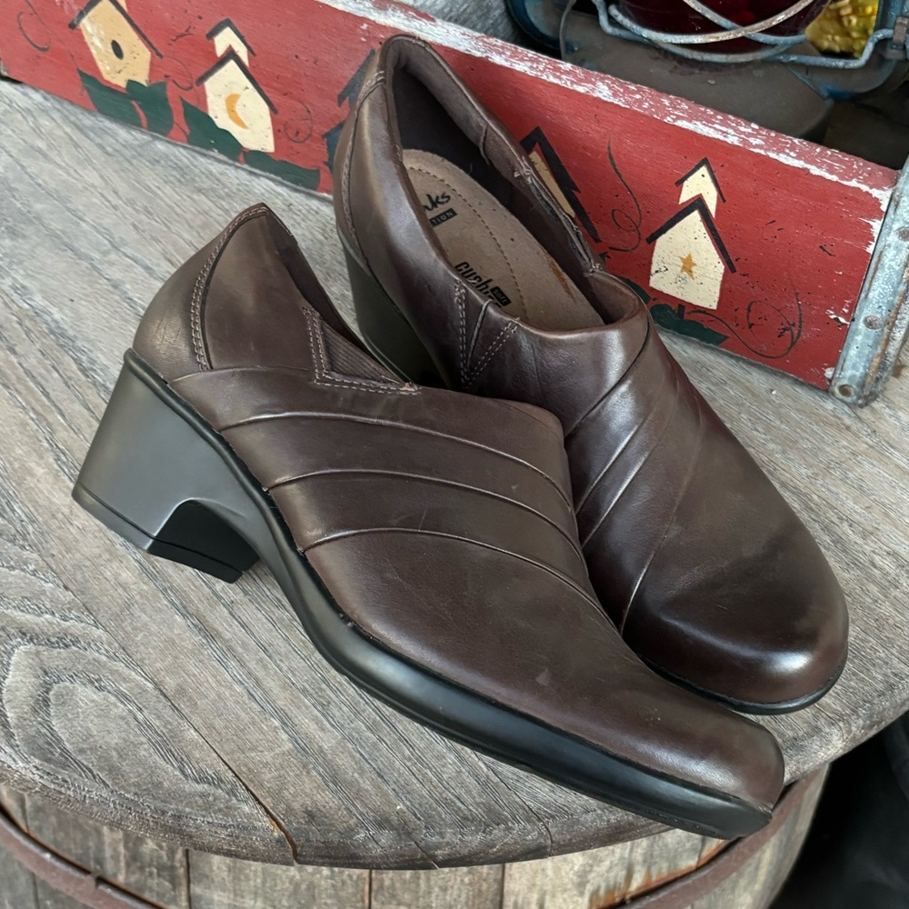 Clarks Brown Leather Slip-On Heels